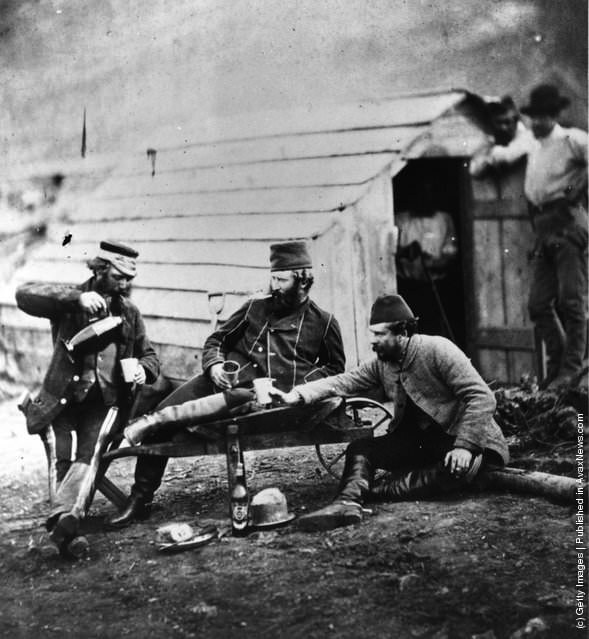 Captain Brown, Colonel Lowe, and Captain George in their Crimean War camp, 1850s.