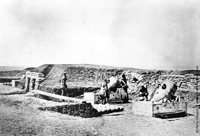 Mortar batteries in front of Picquet House, Light Division, during the Crimean War, 1850s.