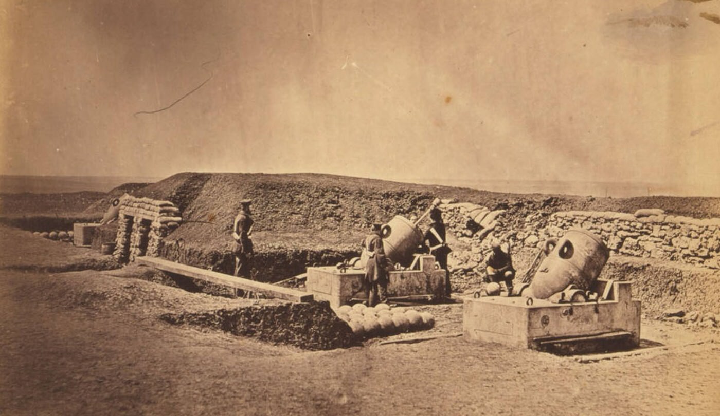 British mortar batteries positioned in front of Picquet House during the Crimean War, 1850s.