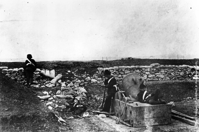 Mortar teams resting during the siege of Sebastopol in the Crimean War, 1850s.