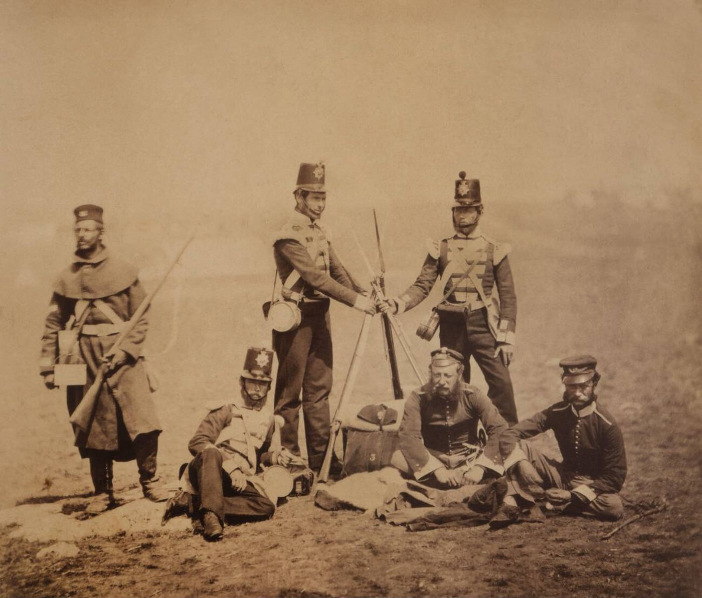 English private soldiers and officers of the 3rd East Kent Regiment piling arms during the Crimean War, 1855.