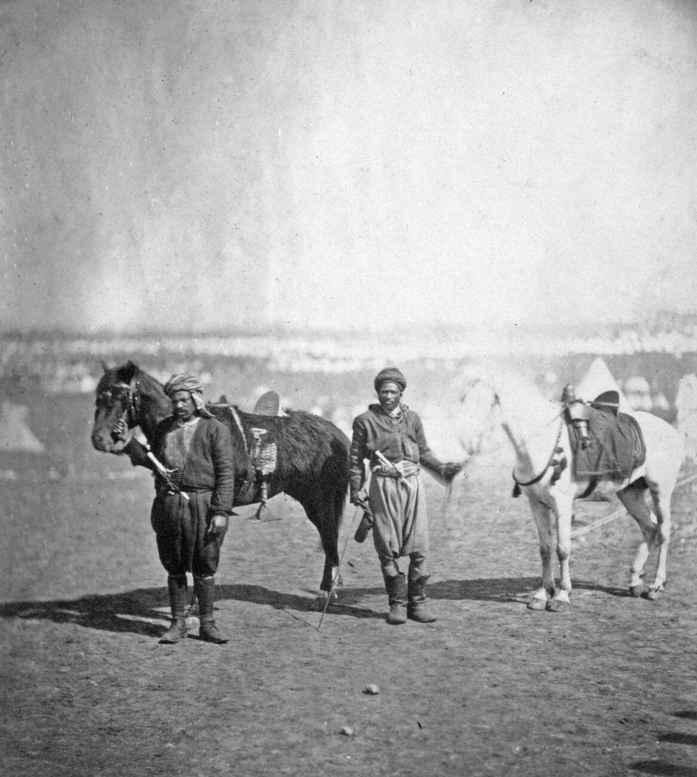 Nubian servants and horses during the Crimean War, 1855.