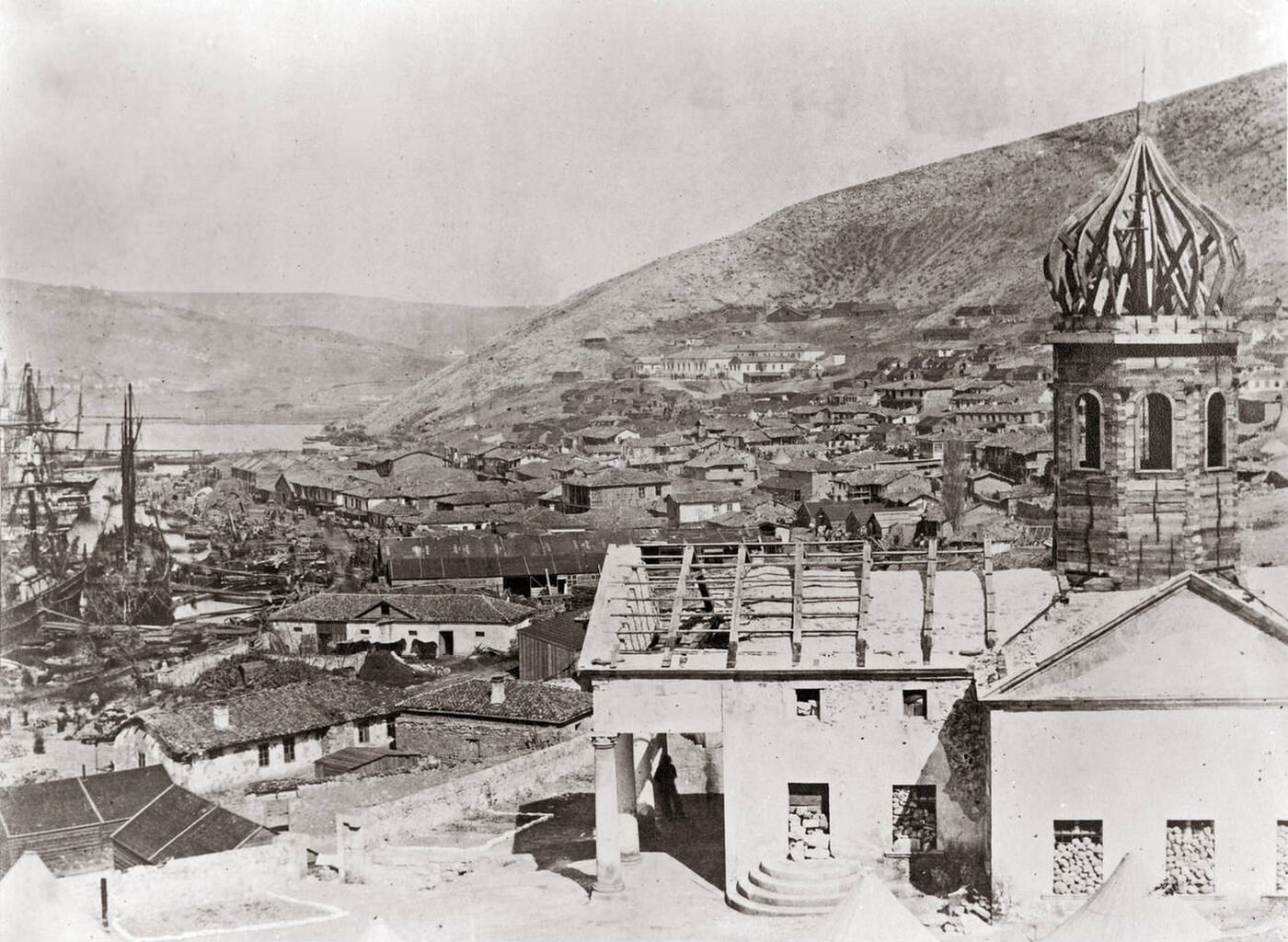 The Russian Church and town of Balaclava during the Crimean War, 1850s.