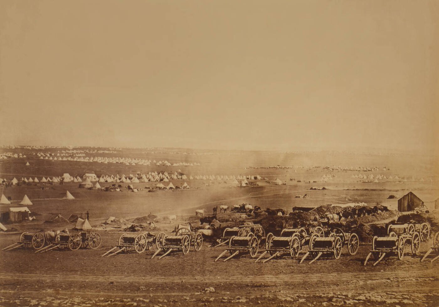 Caissons with British military tents in the background during the Crimean War, 1855.