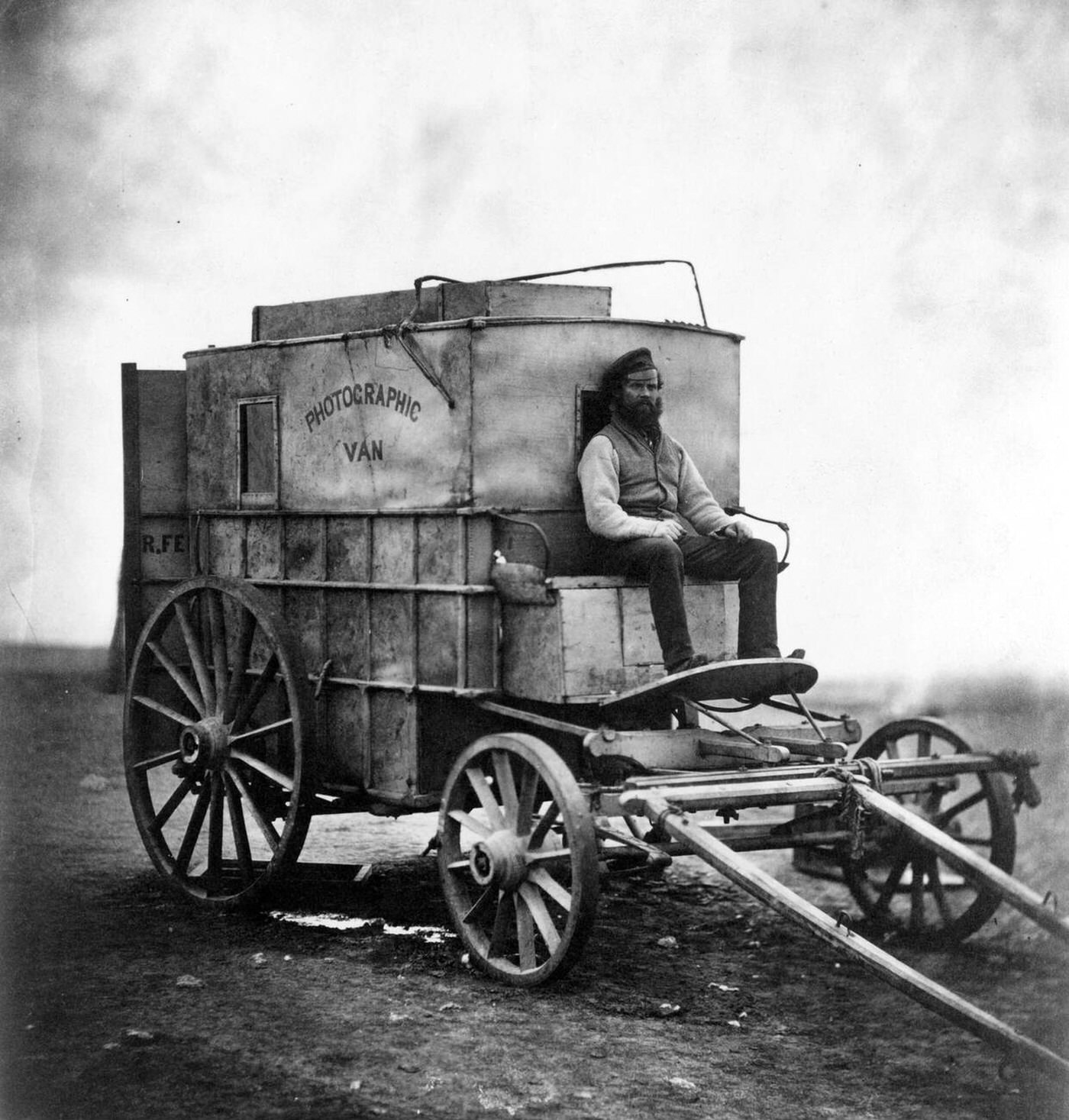 Roger Fenton's photographic darkroom on wheels used in the Crimean War; his assistant, Marcus Sparling, is pictured, 1850s.
