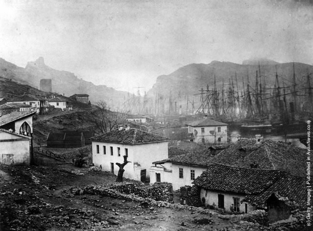 Balaklava harbor crowded with sailing ships; the British headquarters during the Crimean War, 1855.