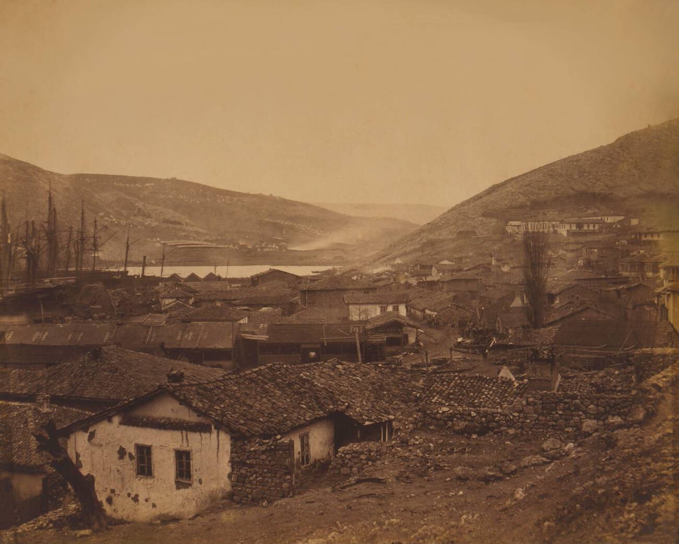 A general view of Balaklava, with a hospital on the right, during the Crimean War, 1855.