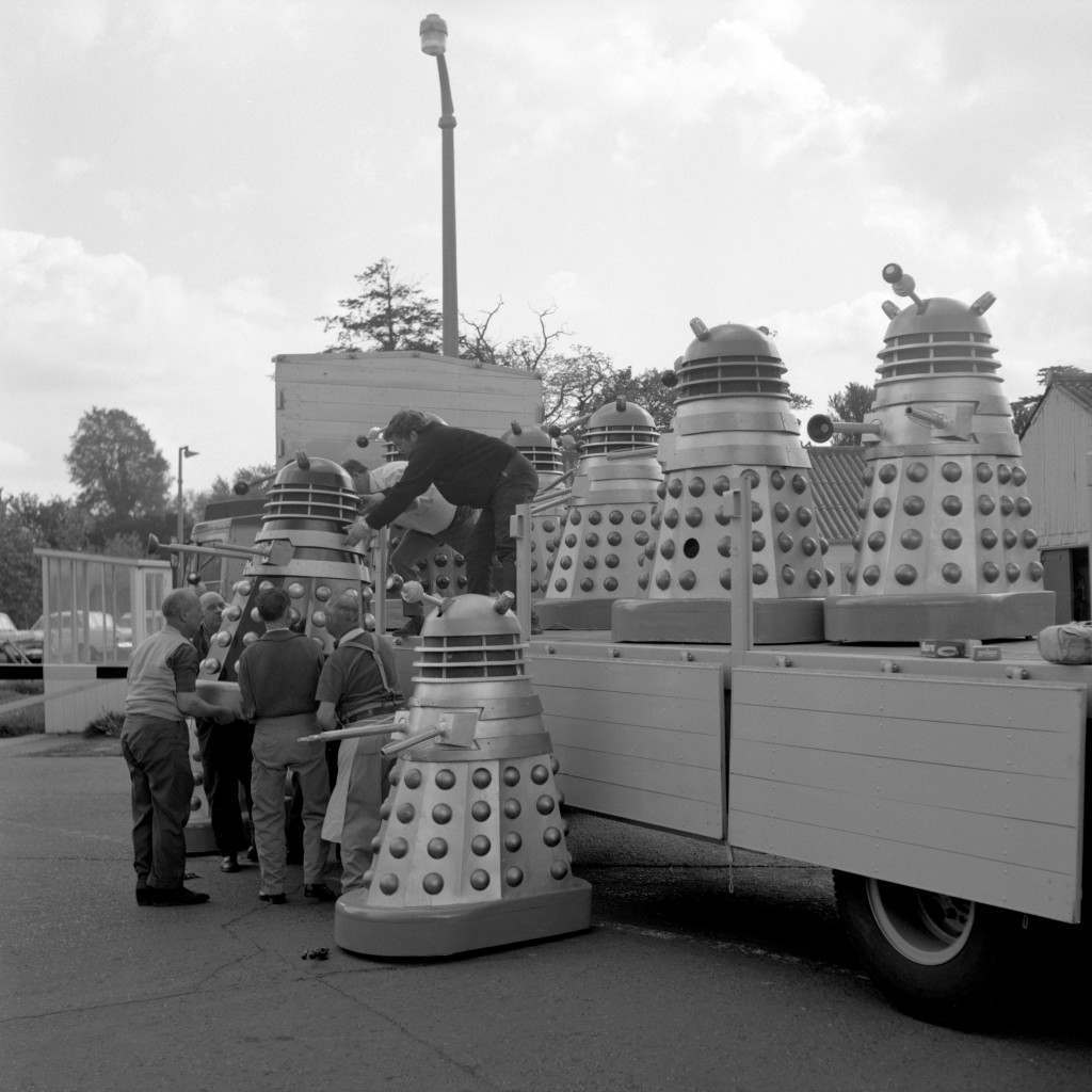 Daleks at Shepperton Studios, en route for the Cannes Film Festival for “Dr Who and the Daleks”, 1965.