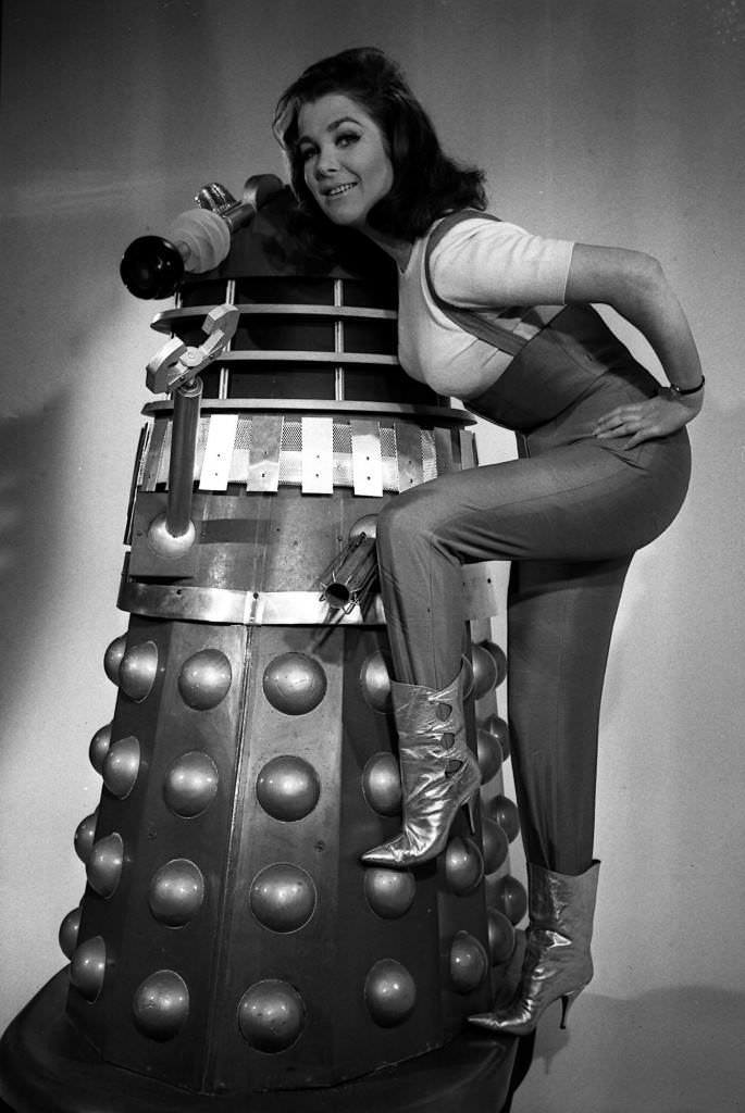 Jill Corzon with a Dalek at Shepperton Studios where production begins on the film ‘Daleks Invade the Earth 2150AD’, 1966.