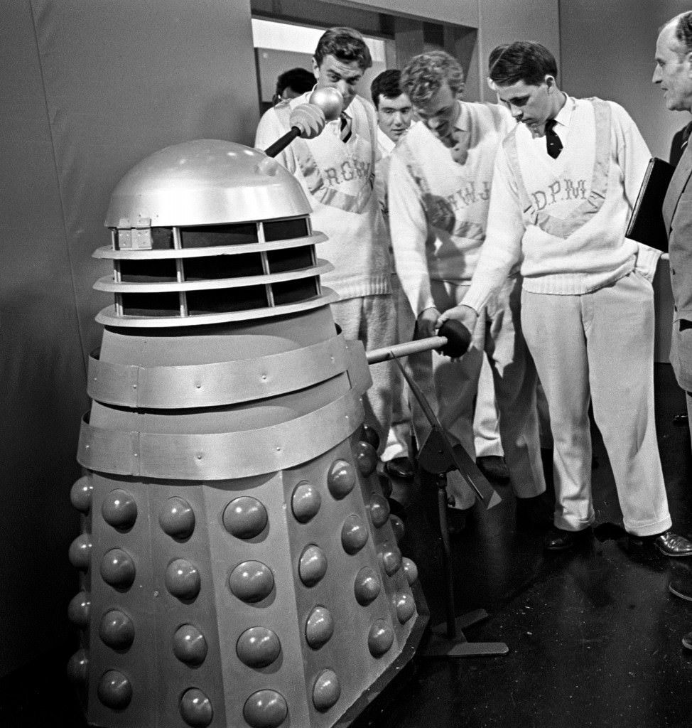 Members of the Cambridge crew get a close-up of a Dalek from ‘Dr. Who’ during a visit to the BBC’s Television Centre, 1965.
