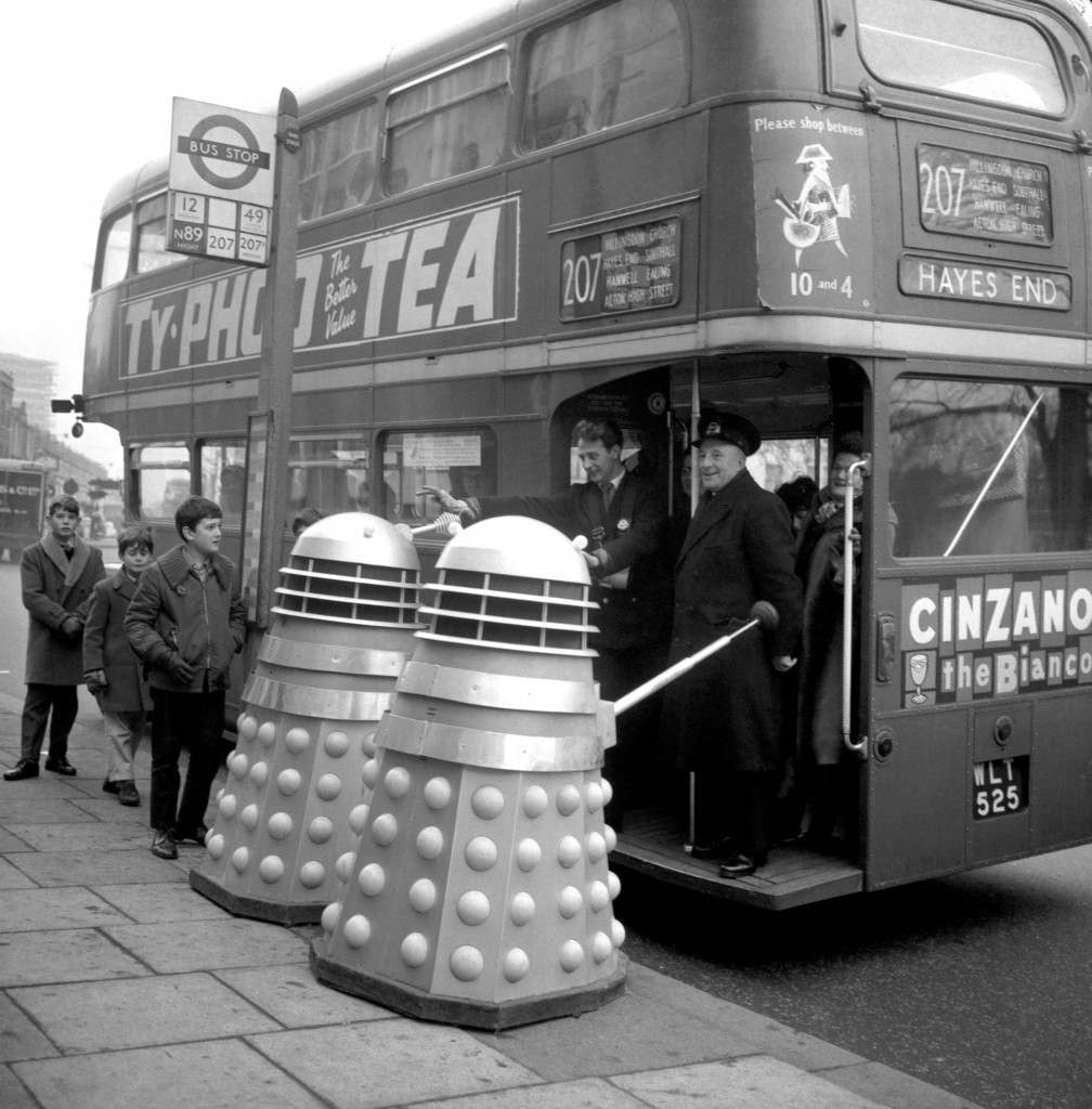 Daleks tried to board a London Transport Routemaster at Shepherd’s Bush Green, 1963.
