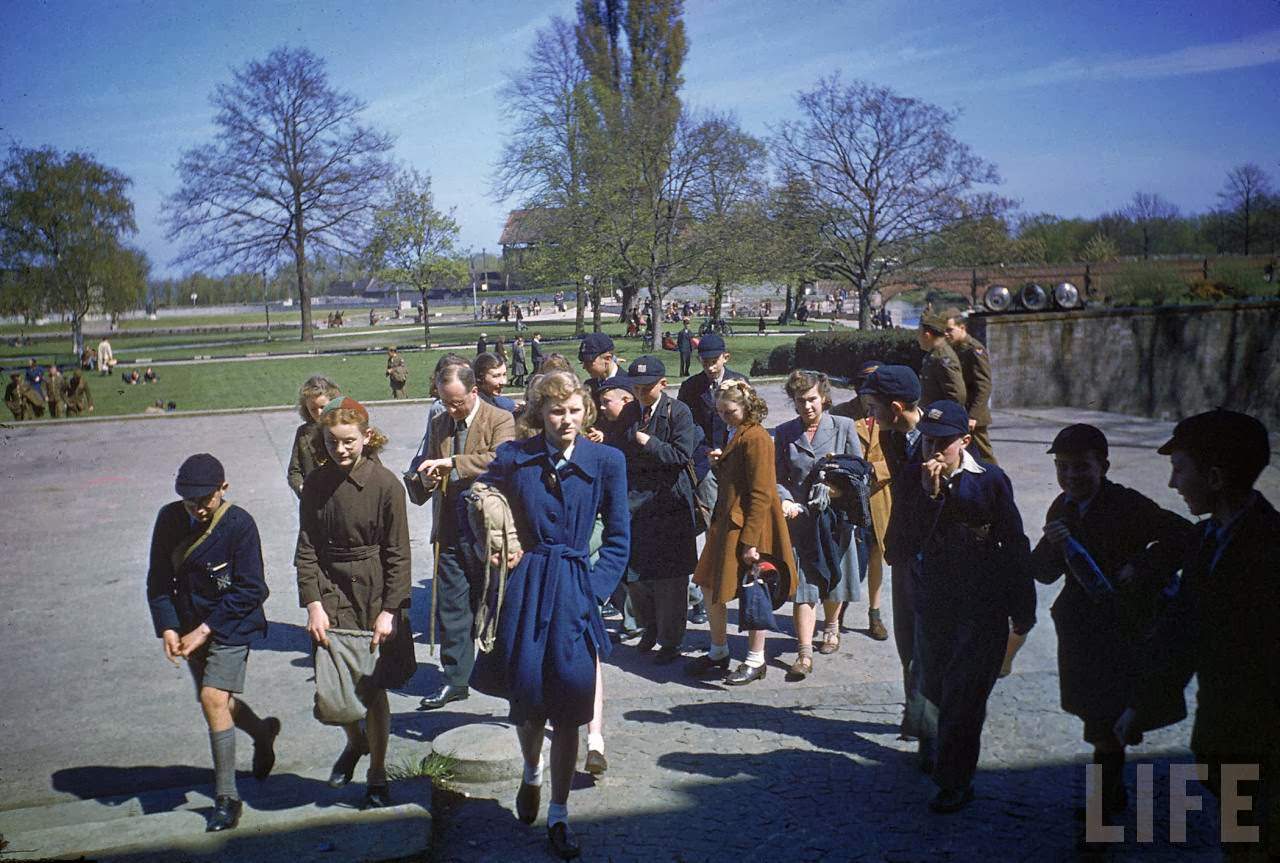 School children arriving at the Shakespeare Memorial Theater during the Shakespeare Festival.