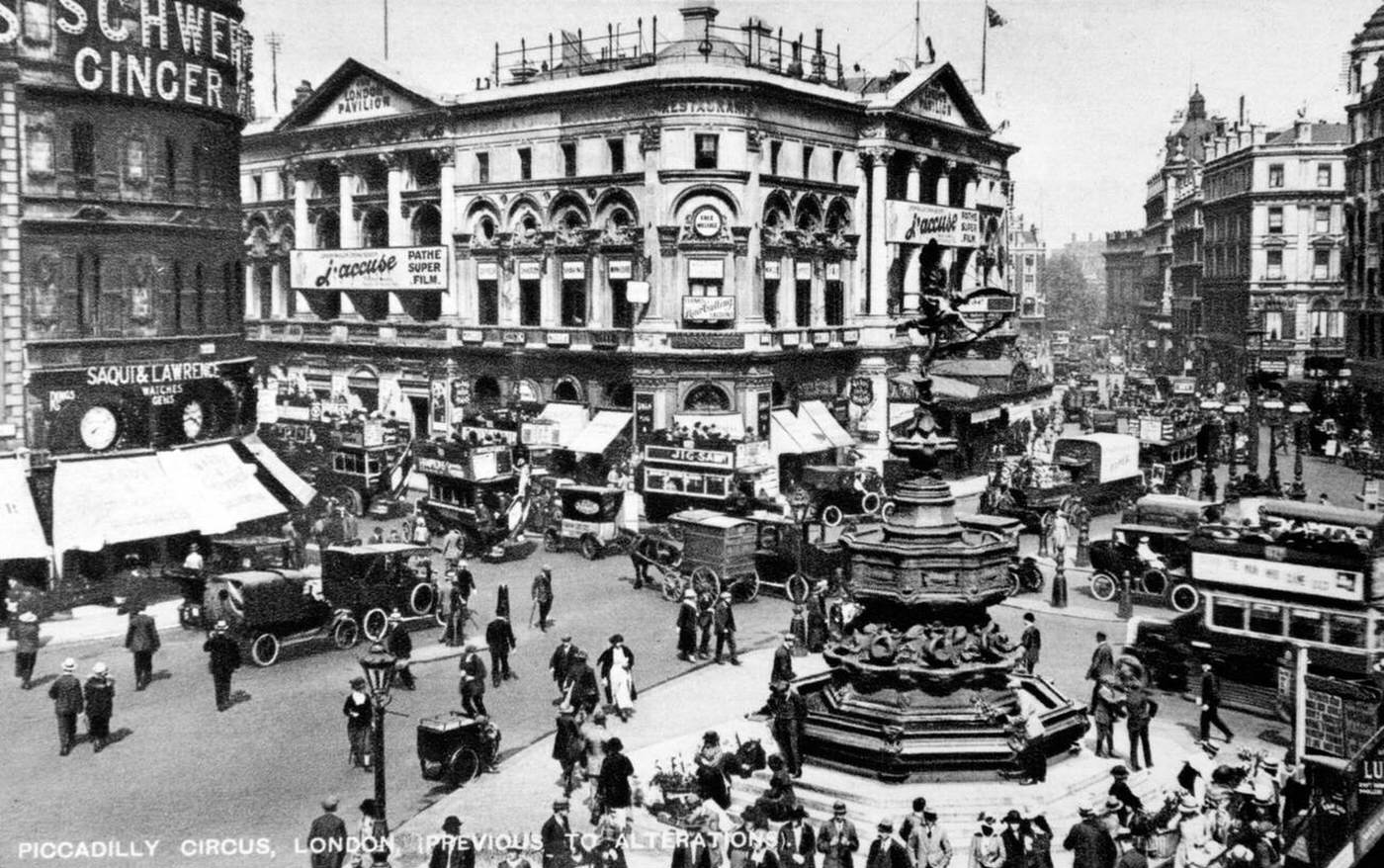 Piccadilly Circus, London, with the London Pavilion cinema showing "Pathe Super Film J'accuse", 1920s.