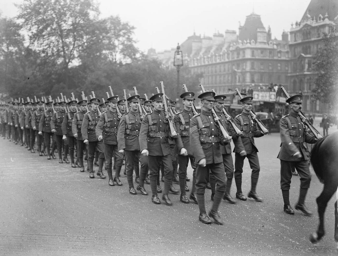 A company of the Welsh Guard on their way to Hyde Park for the Trooping of the Colours ceremony, 1920.