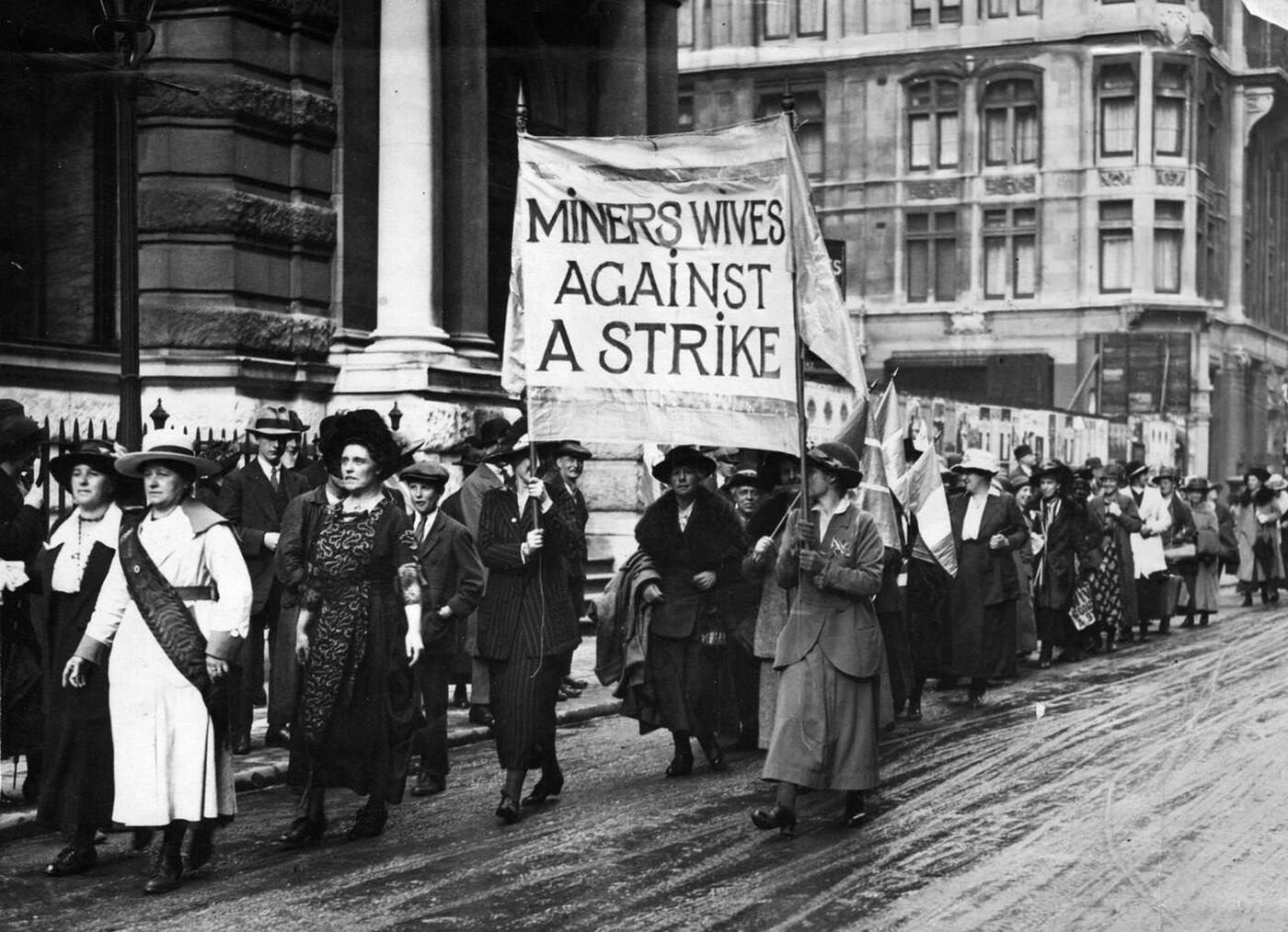 A procession of miners' wives protest against the threatened strike in Kings Street, London, 1920.