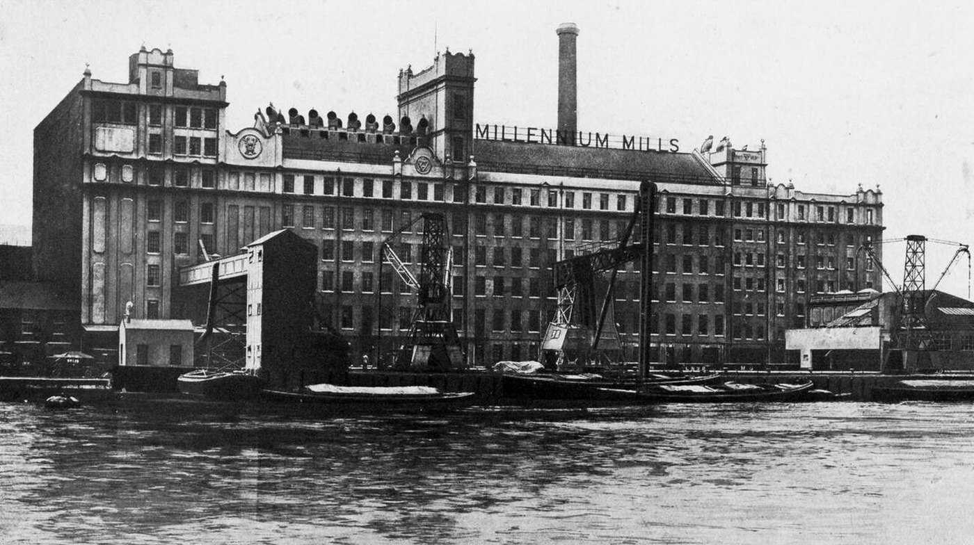 View of the Millennium Mills, Royal Victoria Docks, London, 1920.