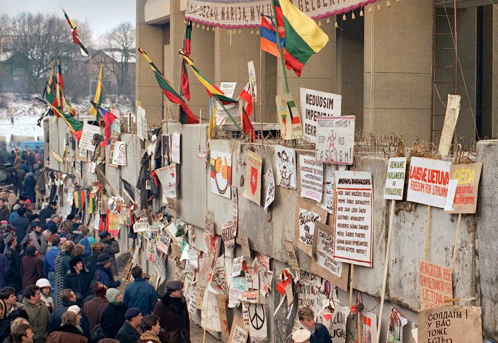 Anti-Soviet graffiti covers a wall in Vilnius, 1991.