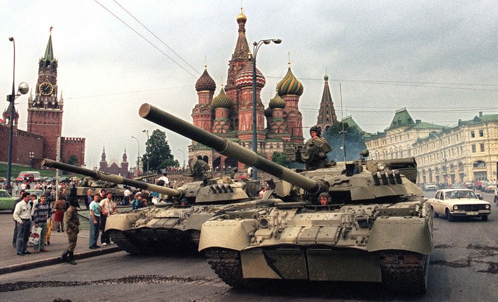 Soviet Army tanks parked near Spassky Gate in Moscow's Red Square after a coup, 1991.