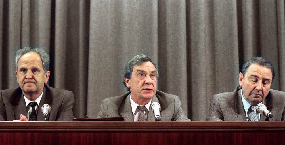 The leaders of the August Coup give a press conference in Moscow, 1991.
