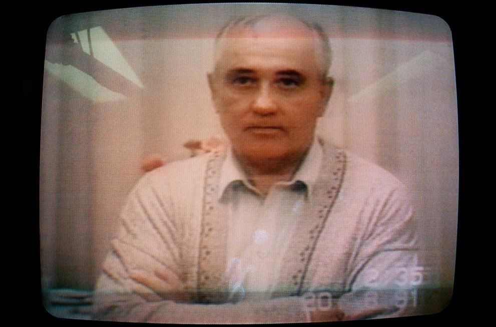 Soviet President Mikhail Gorbachev speaks in a video message during his captivity, 1991.