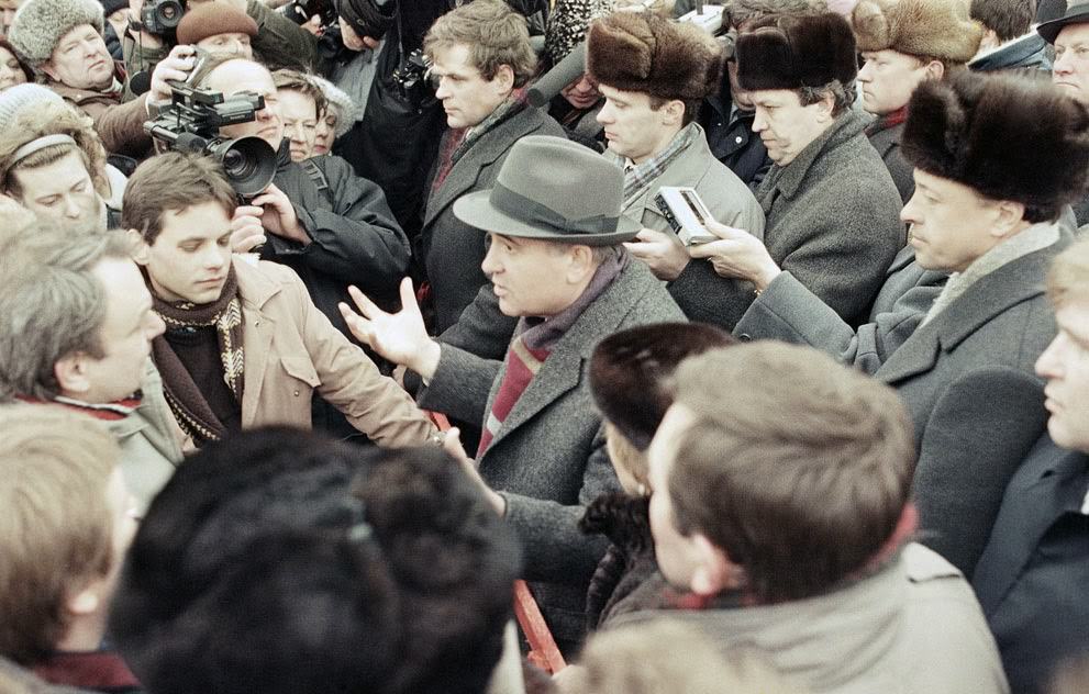 Soviet President Mikhail Gorbachev talks with residents of Vilnius, Lithuania, 1990.