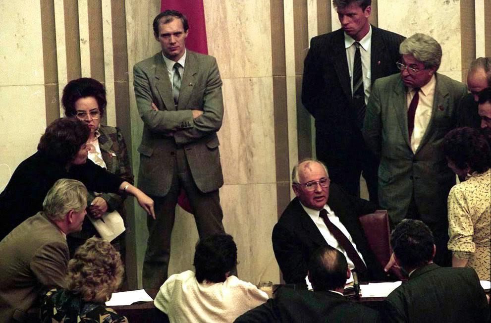 President Mikhail Gorbachev in the Soviet Parliament after his return from house arrest, 1991.