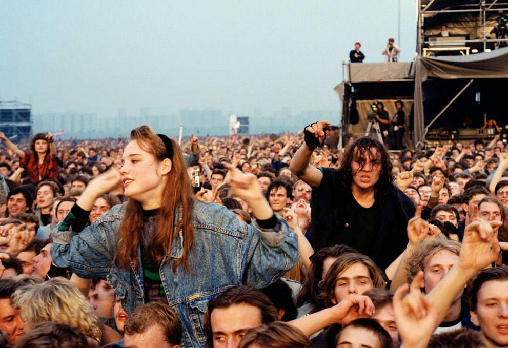 Soviet rock fans attend a Monsters of Rock concert in Moscow, 1991.