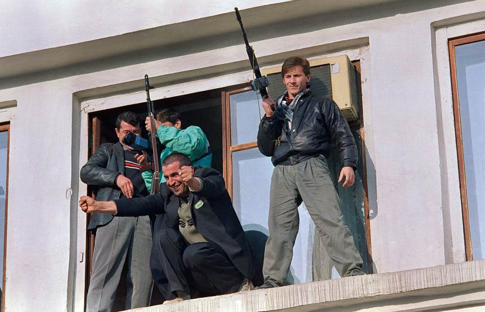 A Chechen secessionist celebrates the pullout of Soviet troops from Grozny, 1991.