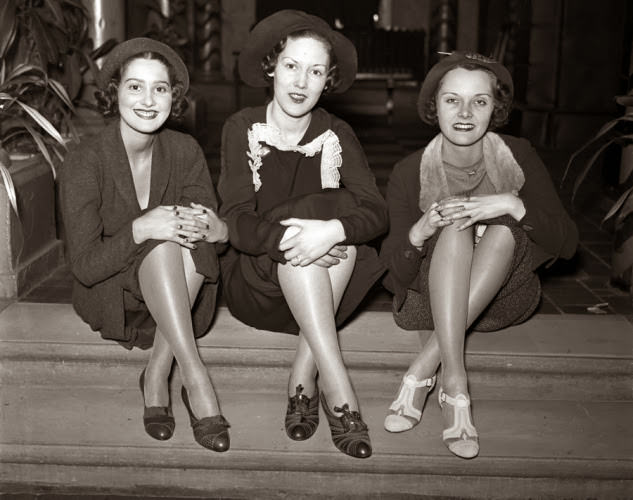 1930s shoes are definitely back in style, with tons of ladies rocking similar kicks today. Here, models show off blue kid tongued pumps, brown kid oxfords and multi-colored evening sandals.