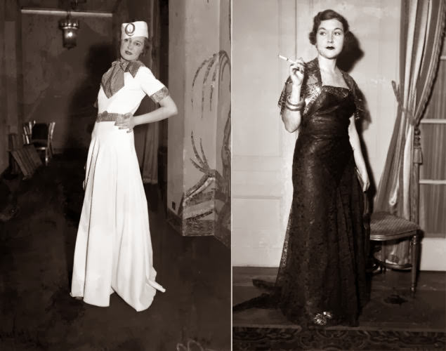 Ahoy matey! Model Diane Beauchamp wears a sailor-inspired white pique dress at a 1935 fashion show (l.), while a 1933 model goes for a darker look in a sequin-trimmed dress in 1933 (r.).