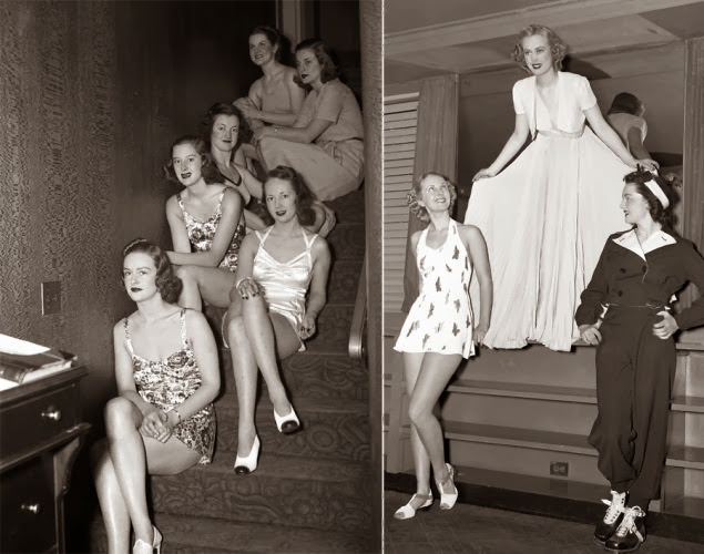 No skimpy two-pieces here! Models in 1939 show off the swimsuit style of the day (l.), while three models each display different looks in 1938 (r.).