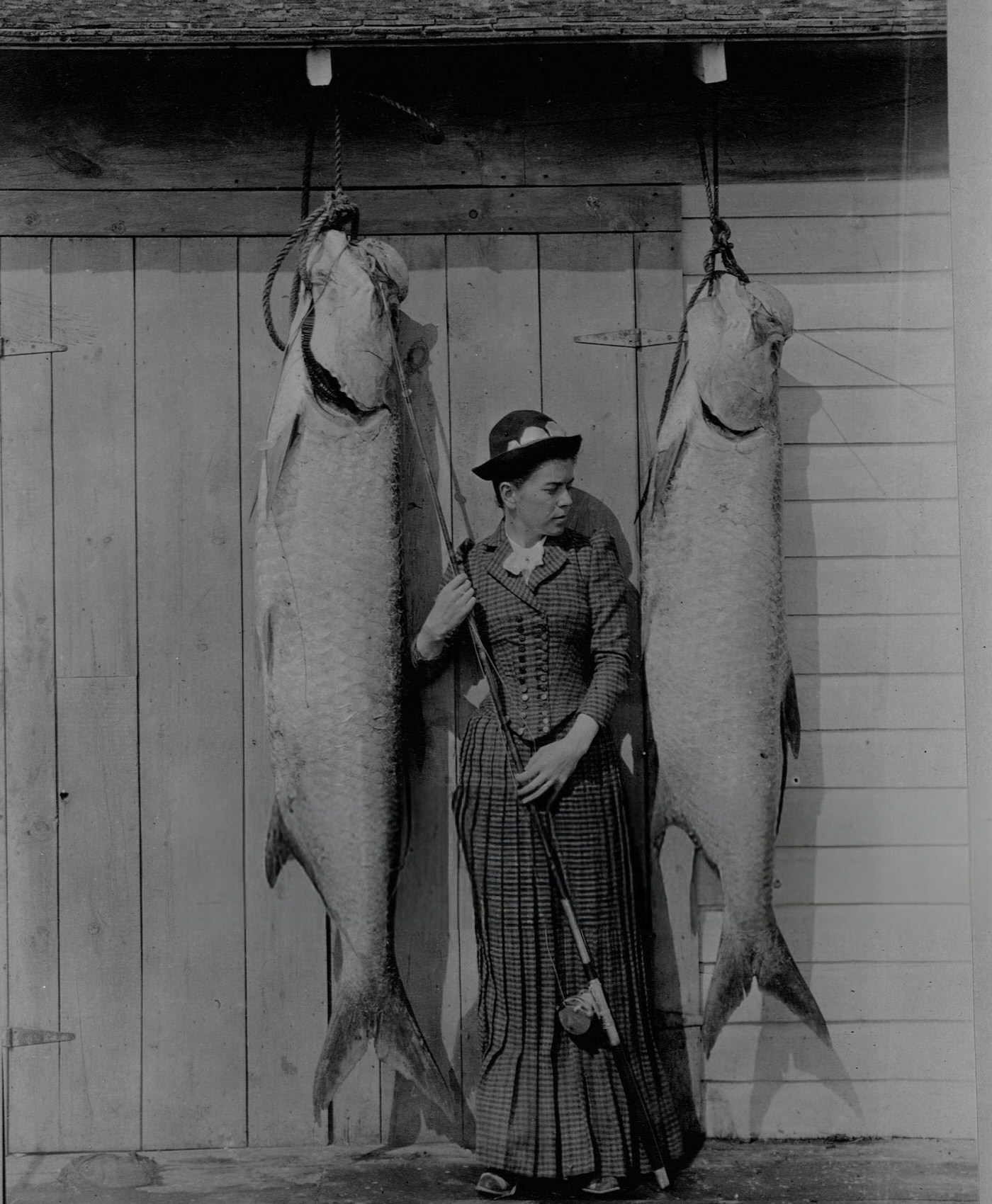 Mrs. Charles E. Allen of Glasgow, Scotland, with two tarpons she caught off St. James City, Florida.