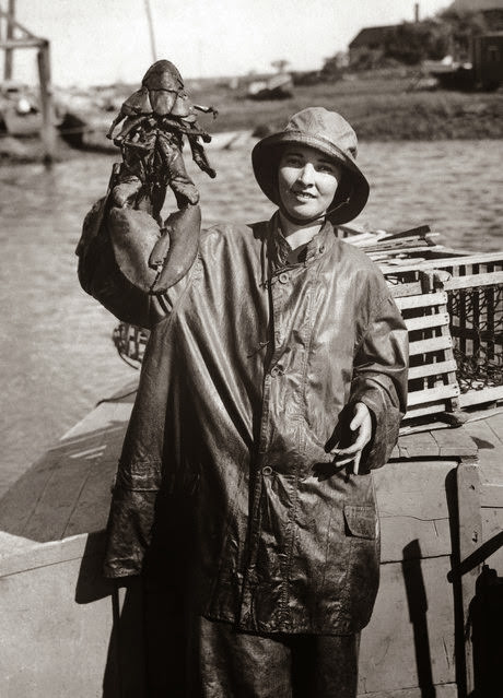Fisherwoman Storsely Manner of Rye Beach, New Hampshire, fishes for lobster off the New England coast, 1950s.