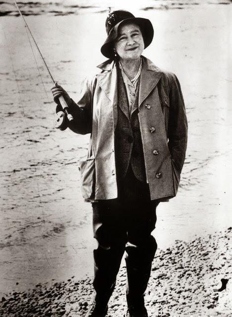 The Queen Mother fishes for rainbow trout on the banks of the Waikato River in Auckland, 1966.