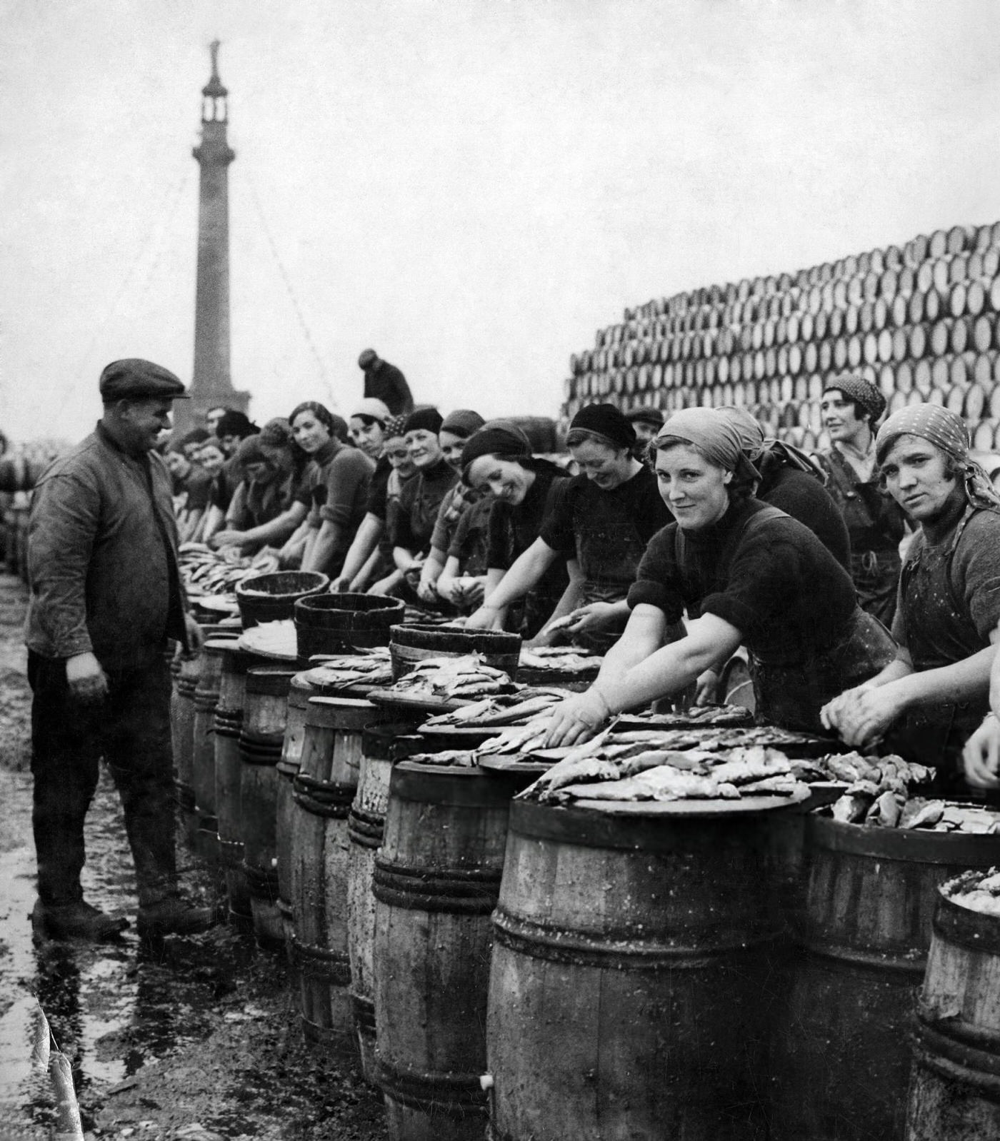 Yarmouth fisherwomen gutting herring, 1936.