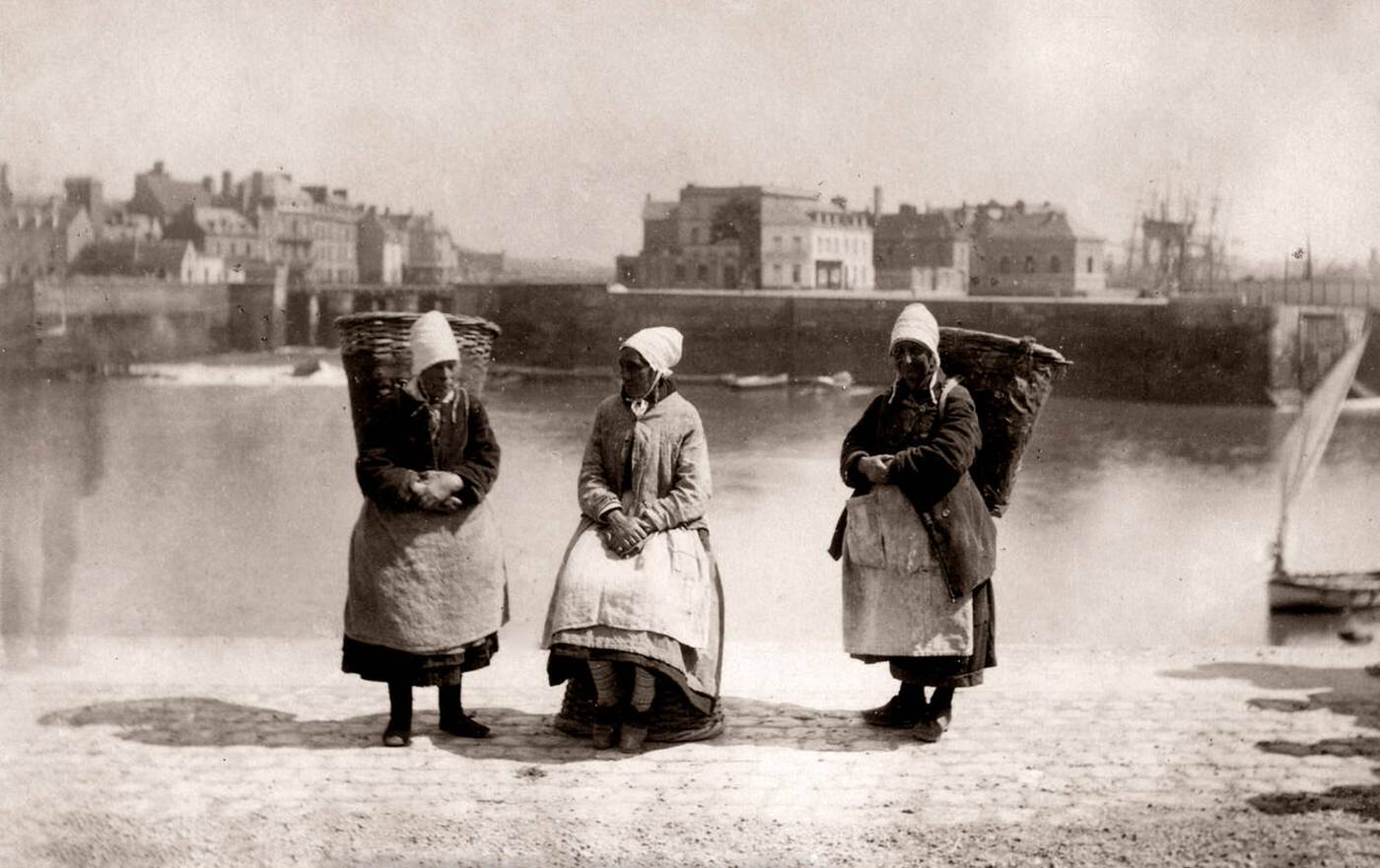 French fisherwomen in Dieppe harbor, France, 1880s.