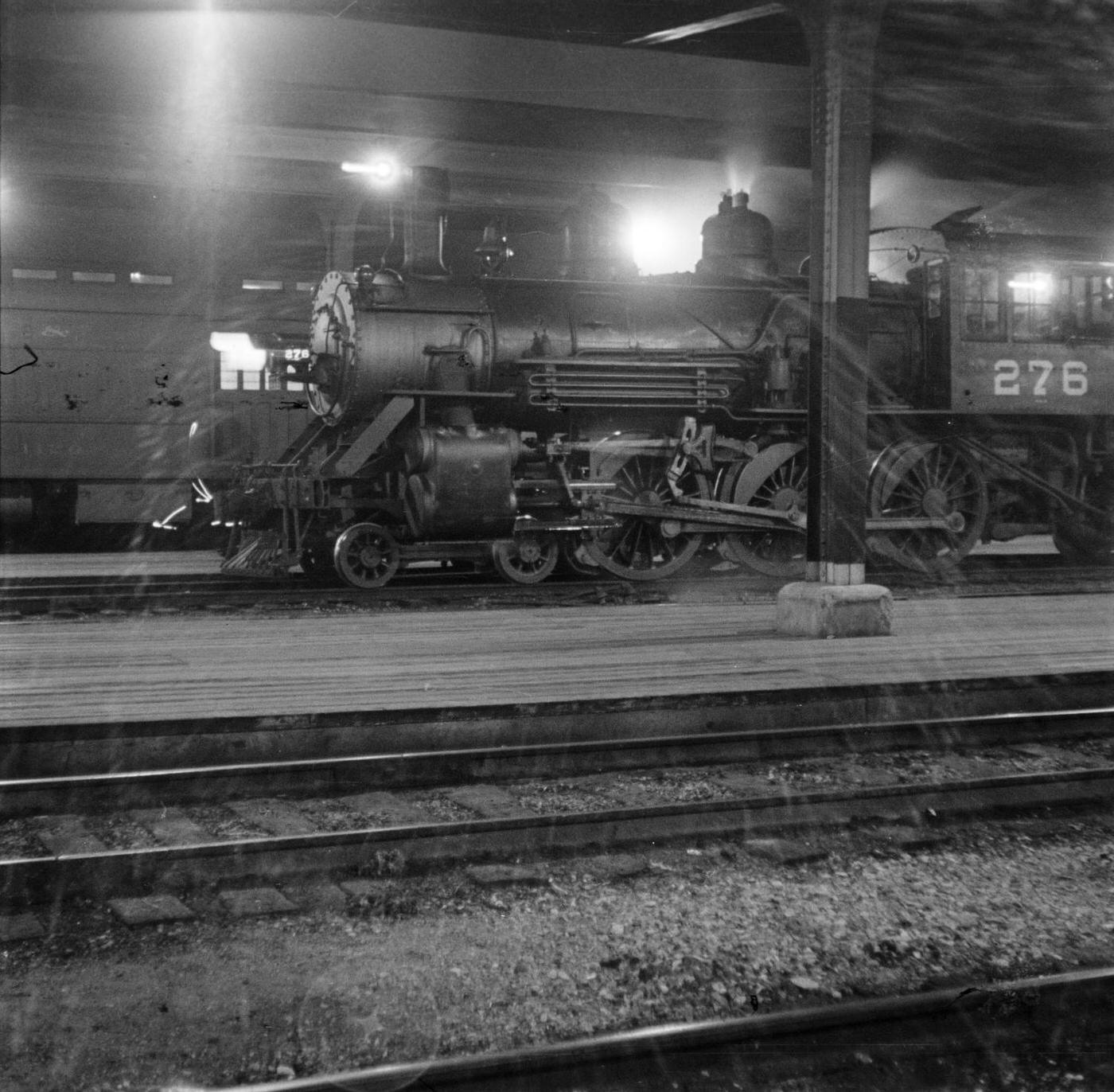A train engine at a train station in Fort Worth, Texas, 1930s.