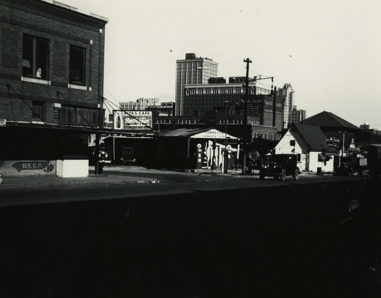 A gas station in downtown Fort Worth, Texas, 1930s.