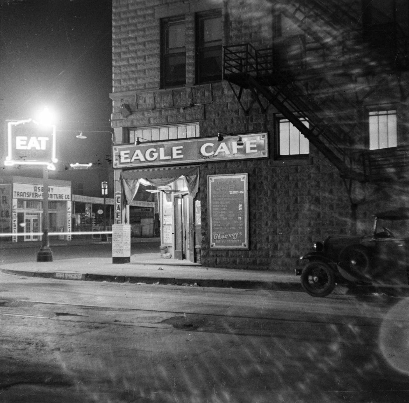 The Eagle Cafe in downtown Fort Worth, Texas, 1930s.