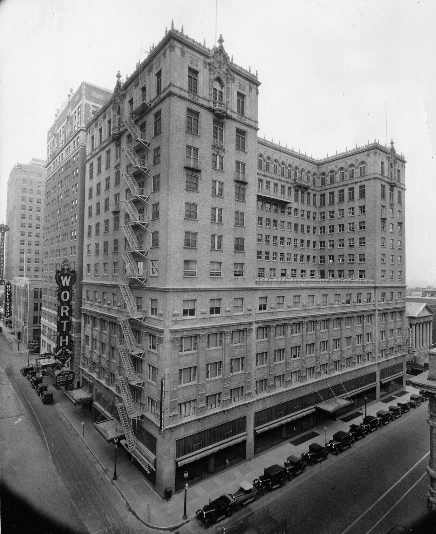 Fort Worth Club, showing Worth and Hollywood Theaters, 1930s