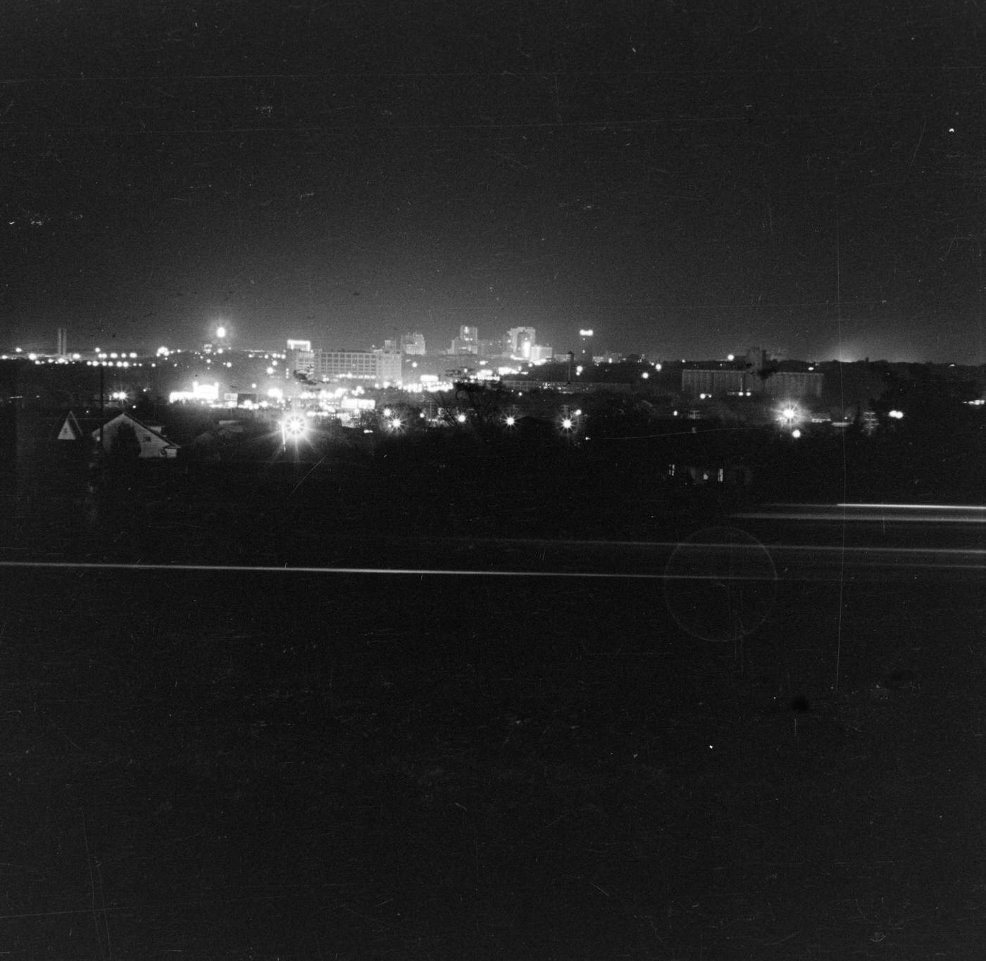 Downtown Fort Worth, Texas at night, 1930s.