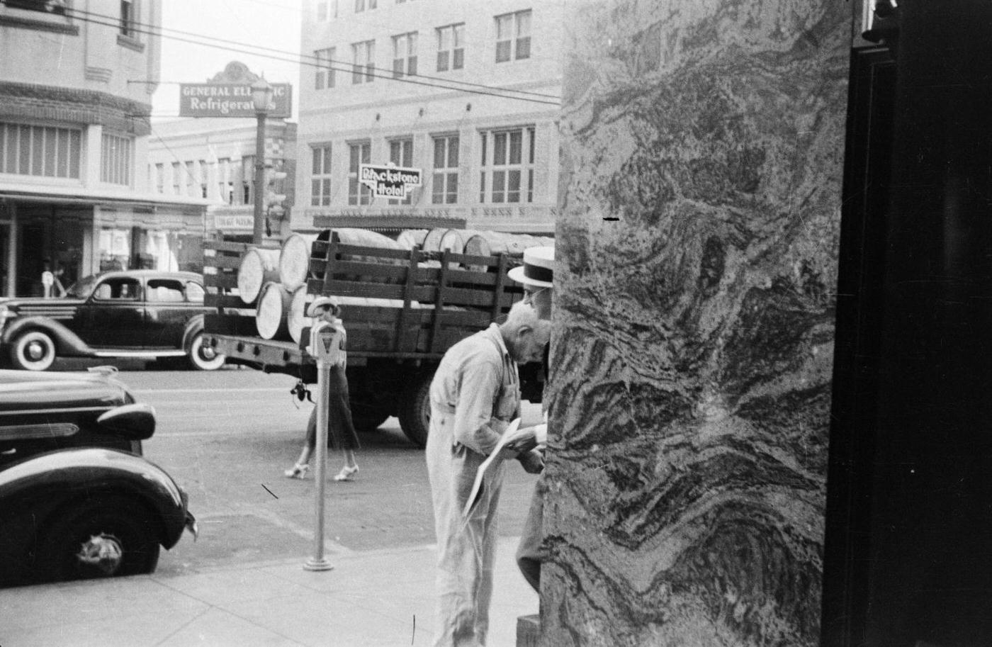 A busy street corner in downtown Fort Worth, Texas, 1937.