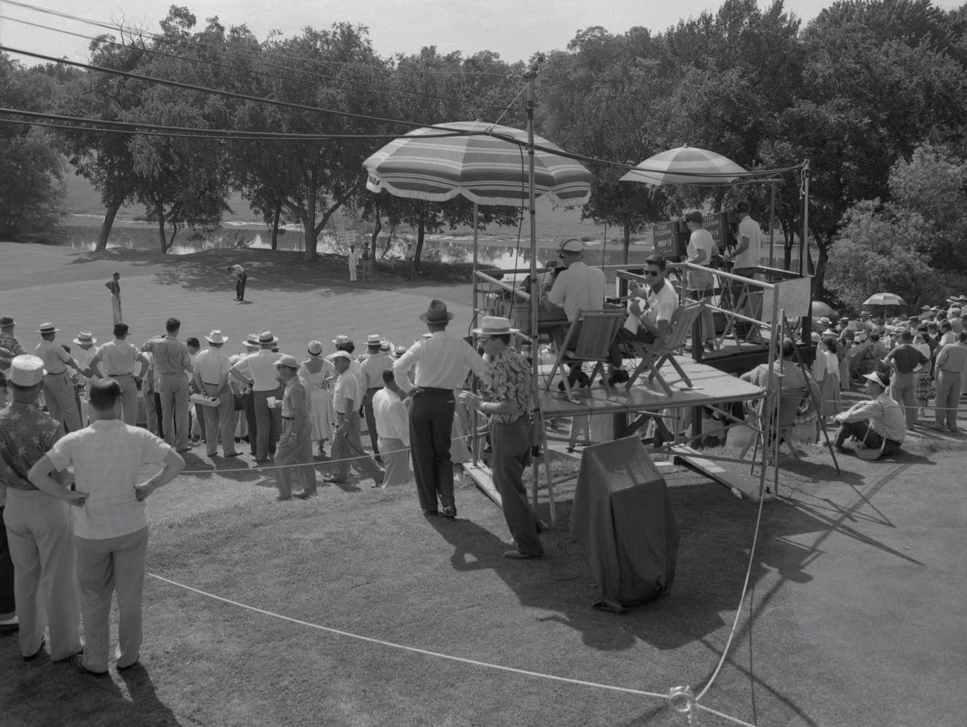 Journalists filming a golf event, possibly the Colonial, in Fort Worth, 1954.