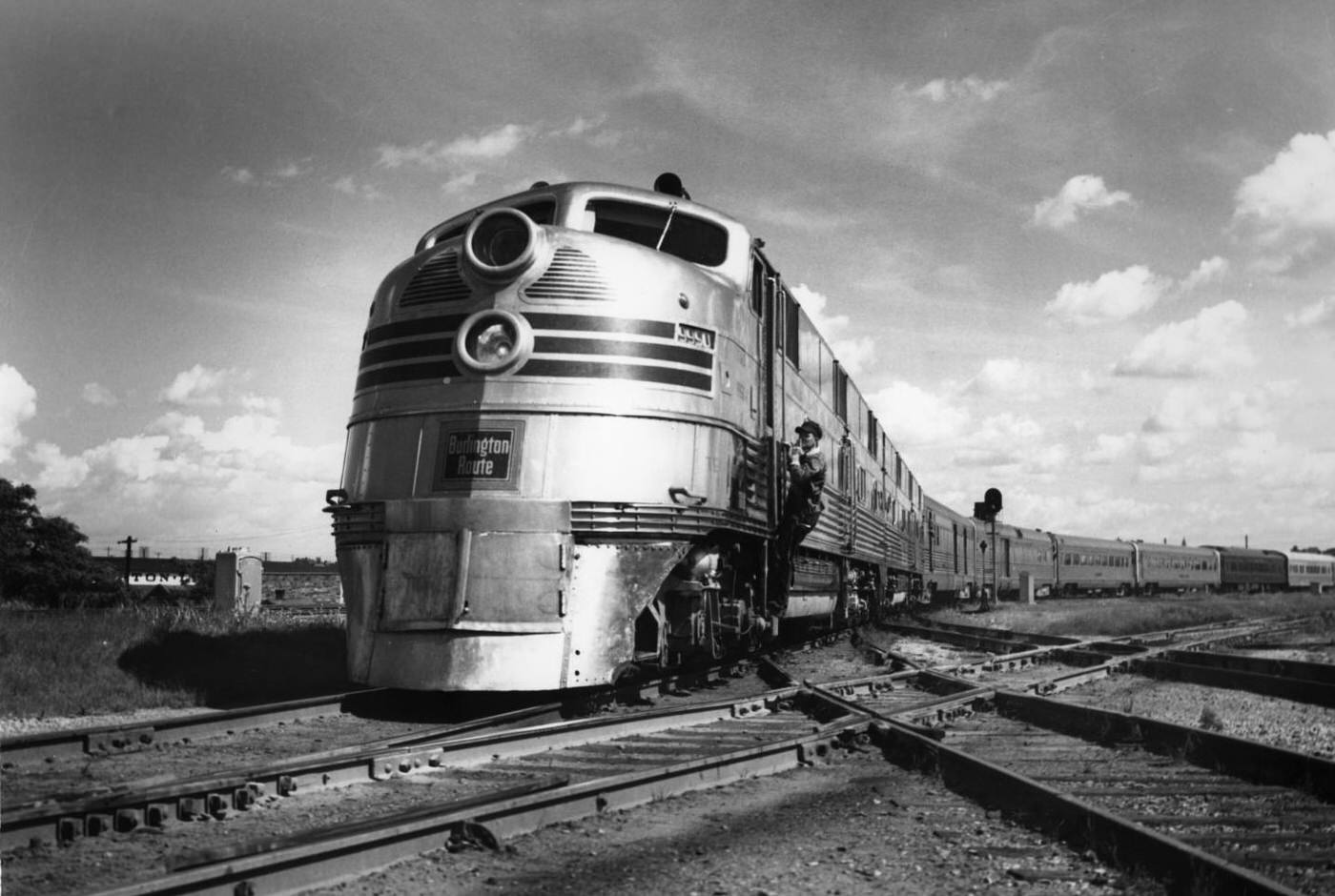 The Fort Worth and Denver Railway's "Texas Zephyr" train, northbound at Fort Worth, 1950.
