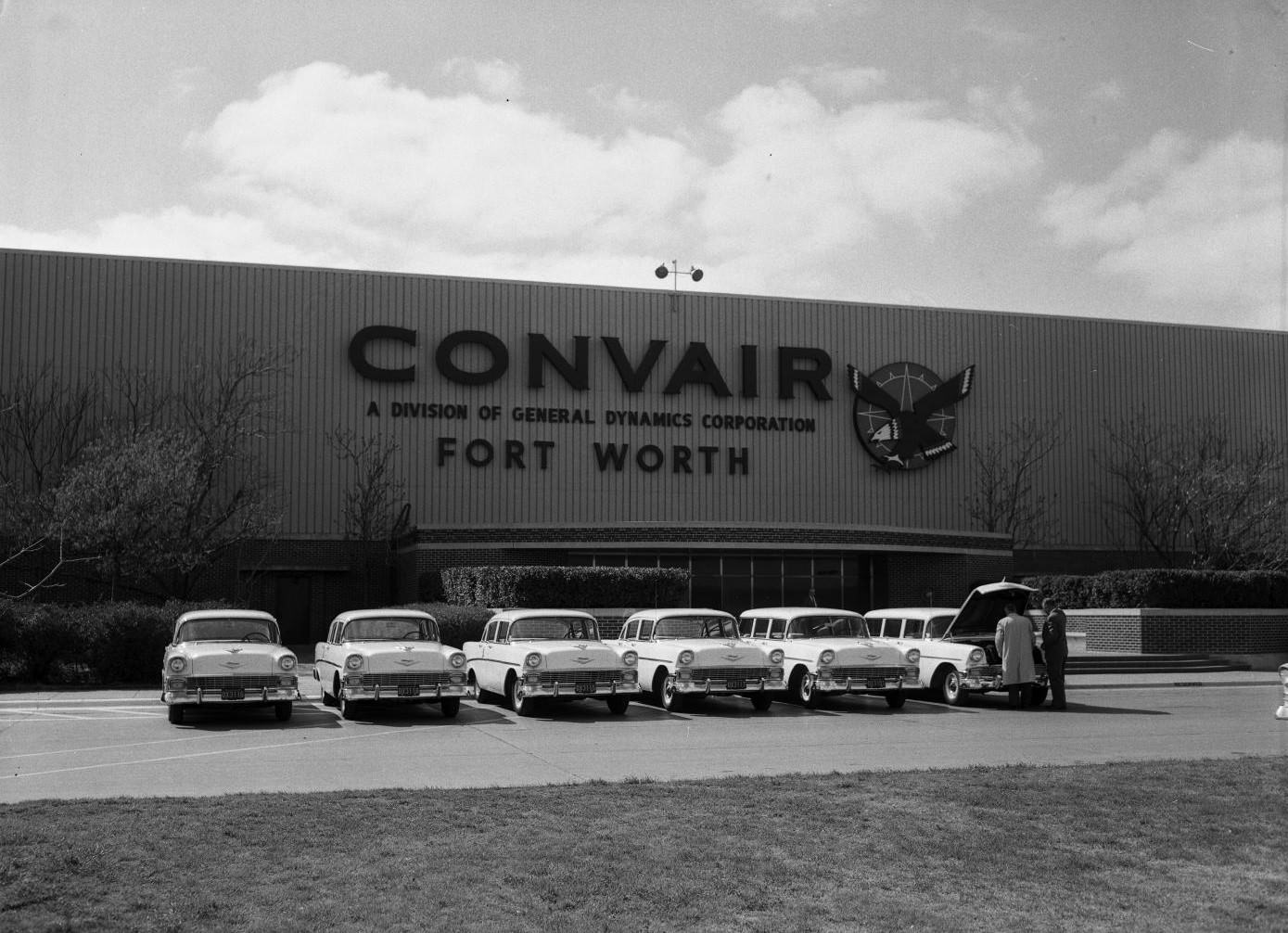 Convair plant in Fort Worth with parked cars, 1956.