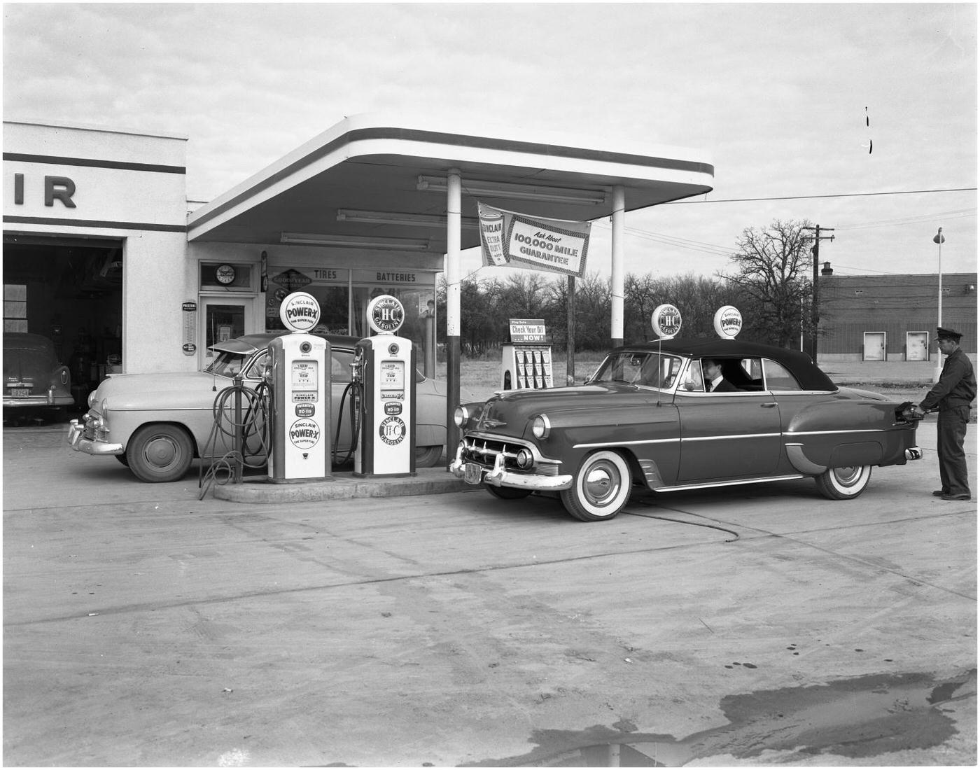 S.J. Middleton at a gas station, Fort Worth, 1954.