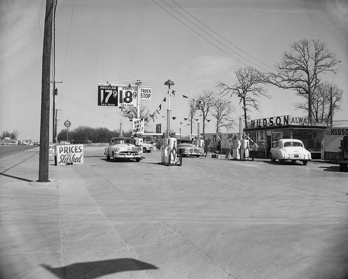 The Hudson Service Station on East Belknap street, competing in gasoline price wars, 1954.
