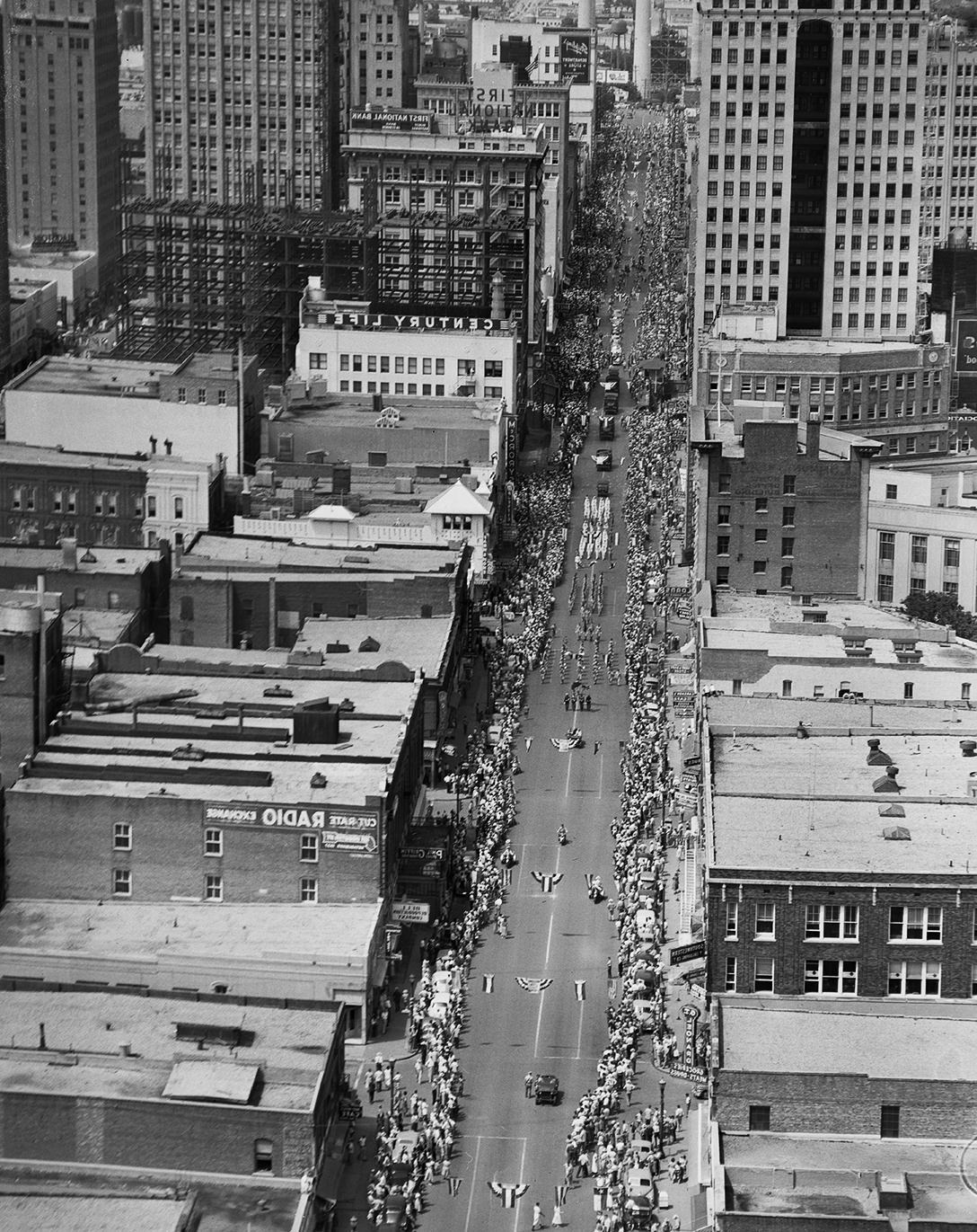 General Douglas MacArthur in Fort Worth, aerial shot of parade, 1951.