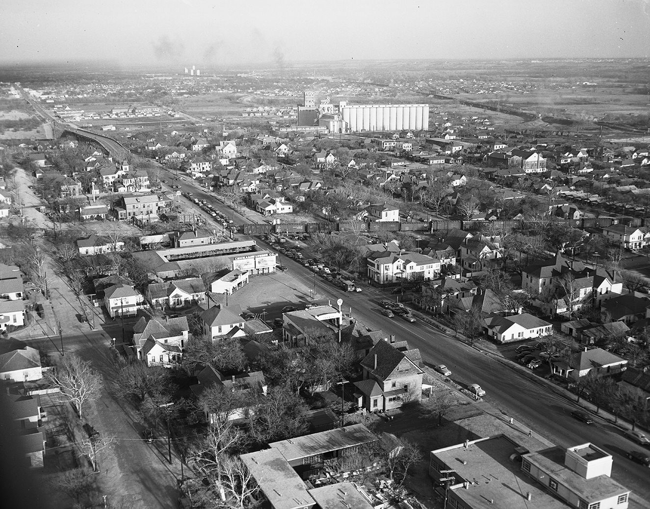 Stalled cars in the 900 block of E. Belknap where a street underpass is proposed for the Sante Fe Railroad crossing, 1951.