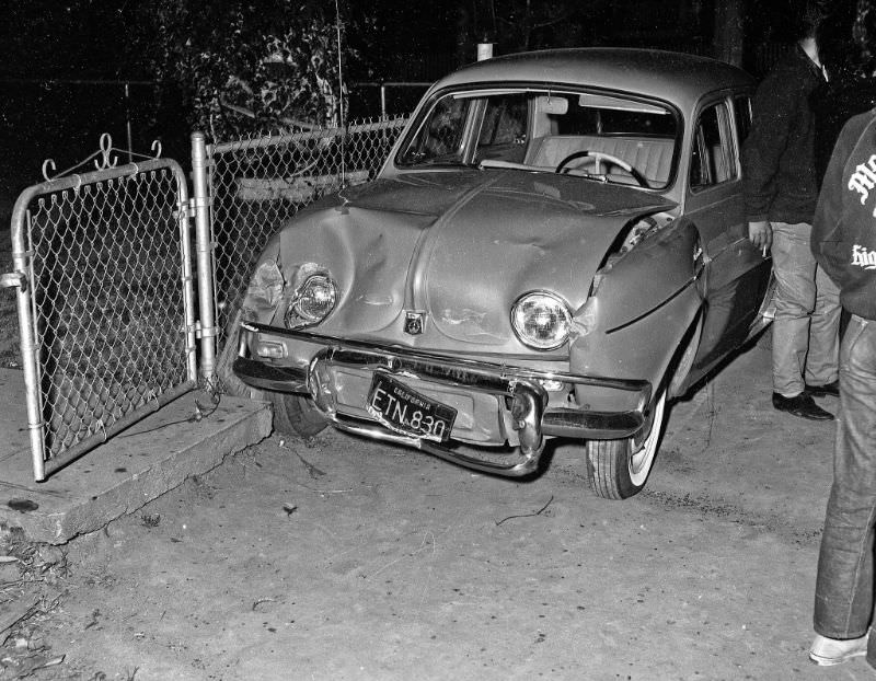 A Renault Dauphine in a single car accident at Inyo and B Streets in Fresno, March 21, 1964